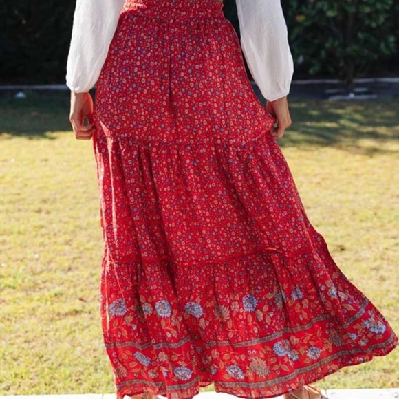 Boho Red gypsy floral print ruffle maxi skirt - Picture 3 of 9